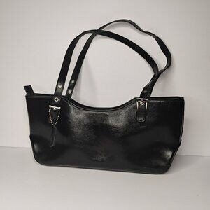 Chic Black Shoulder Bag with Silver Buckle Accents – Gently Used